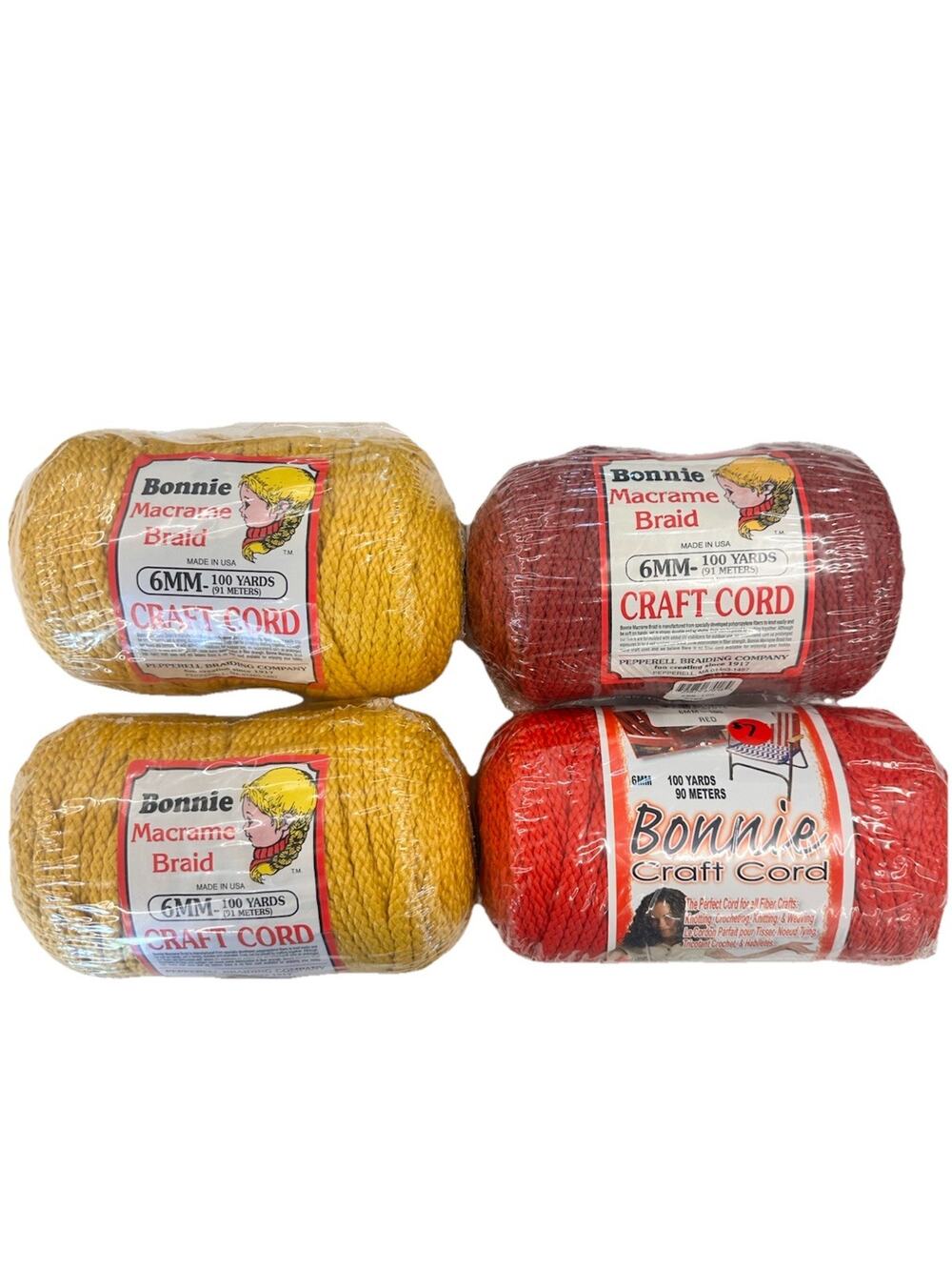 Lot of 4 VTGBonnie Macrame Craft Cord 6mm 100 Yds Pepperell Braid Red Yellow NOS